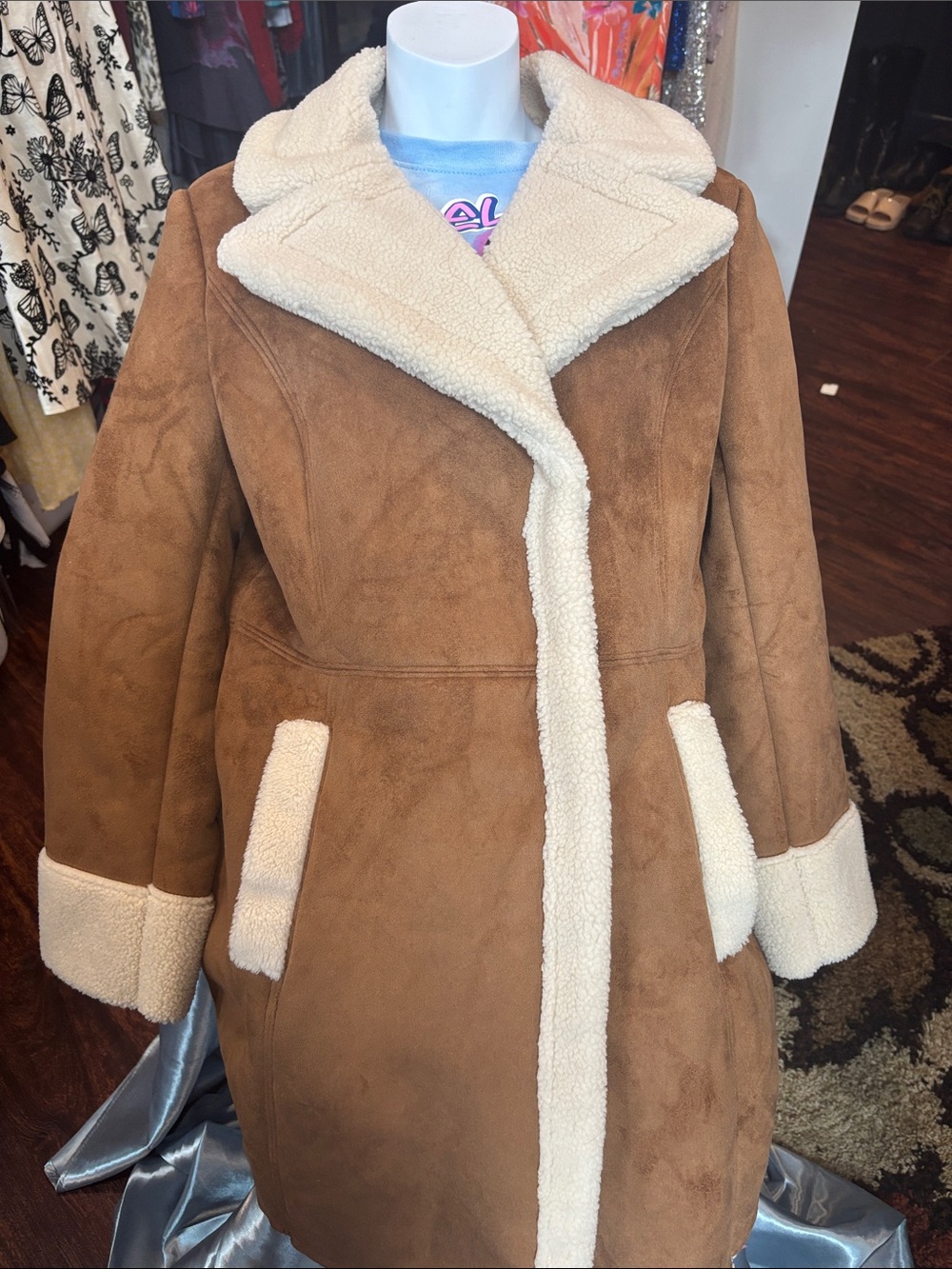 Laundry By Shelli Segal Brown Faux Suede Teddy Coat with Cream Sherpa Trim